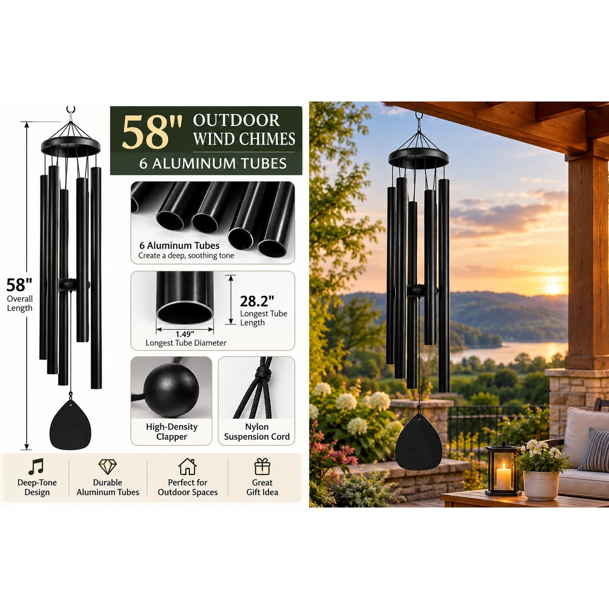 Gfiltershop Wind Chimes for Outside, 58 Inch, Black, 6 Aluminum Tubes