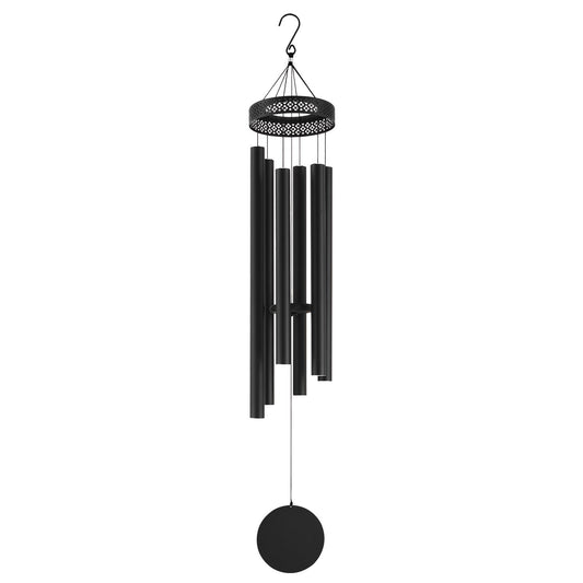 A black metal wind chime with multiple hanging tubes and a round hanging weight, shown against a plain white background.