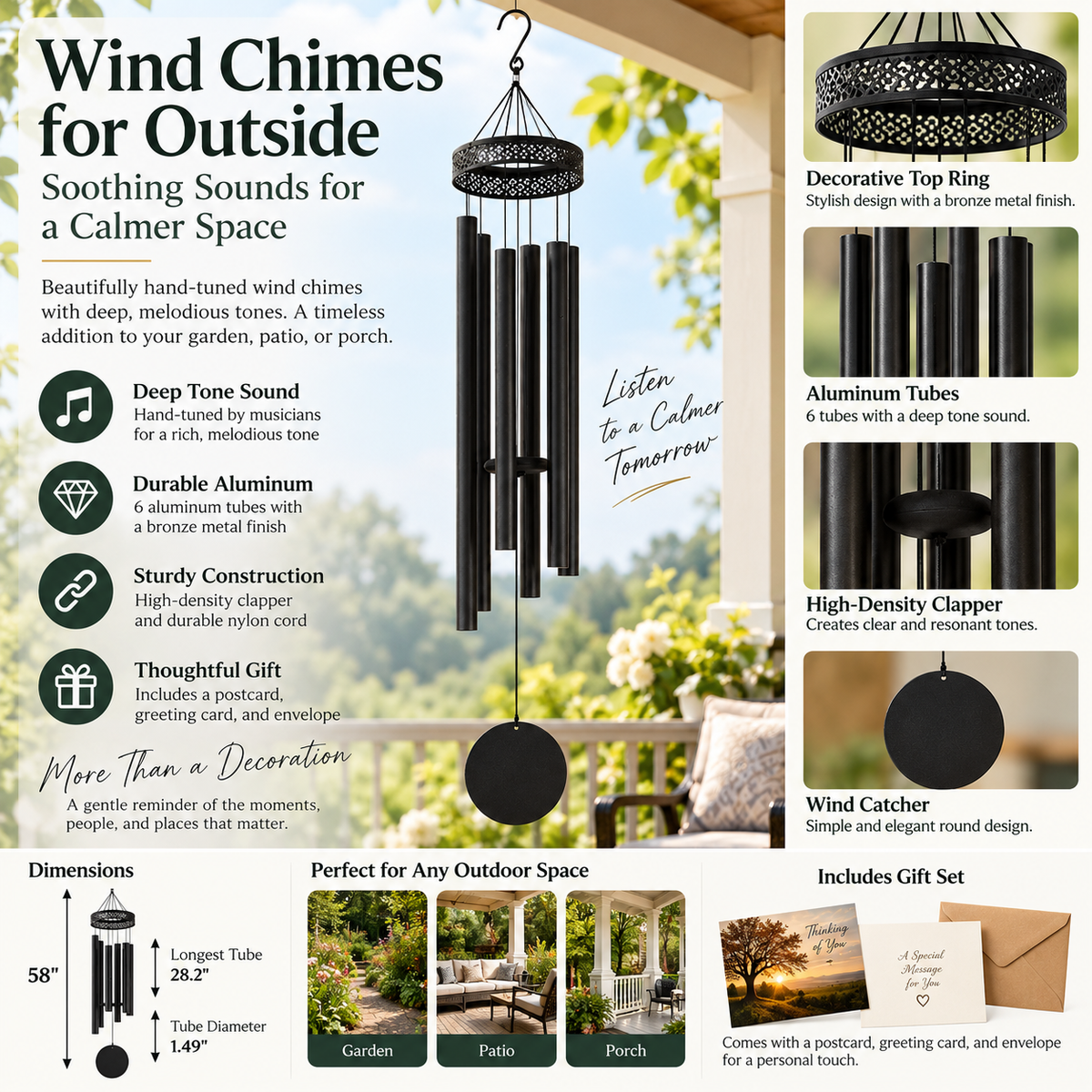A promotional infographic for an outdoor wind chime set, showing the hanging wind chime product in the center with feature callouts around it including decorative top ring, aluminum tubes, high-density clapper, wind catcher, dimensions, and gift set contents. The layout is clean and informative on a white background.