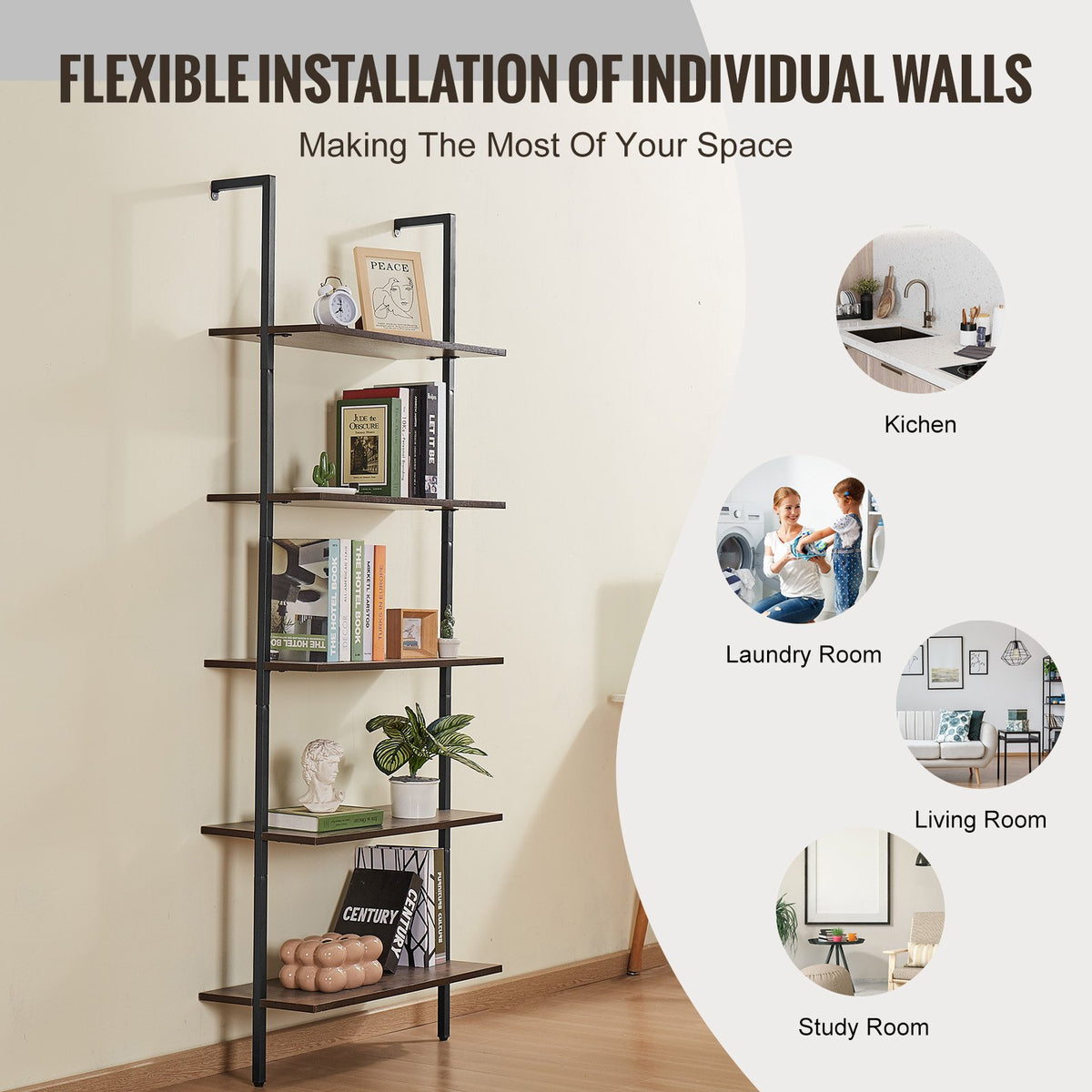 Wall-mounted shelf with flexible installation options in various rooms.