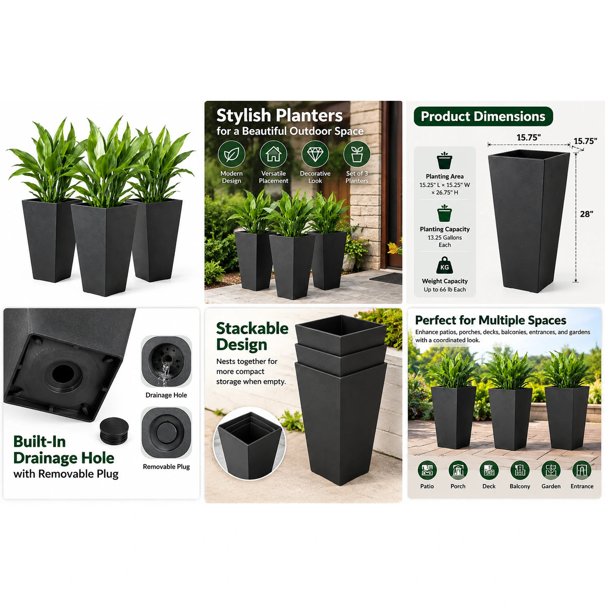Gfiltershop Tall Outdoor Planters, Black Set of 3, 28 Inch PP