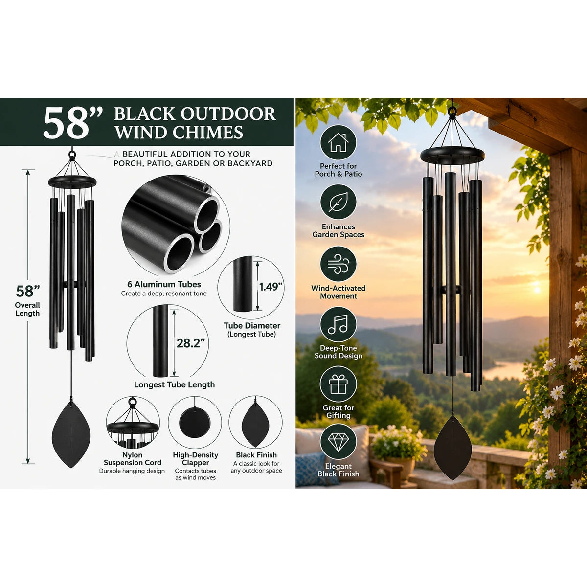 Gfiltershop Wind Chimes for Outside, 58 Inch, Black, 6 Aluminum Tubes