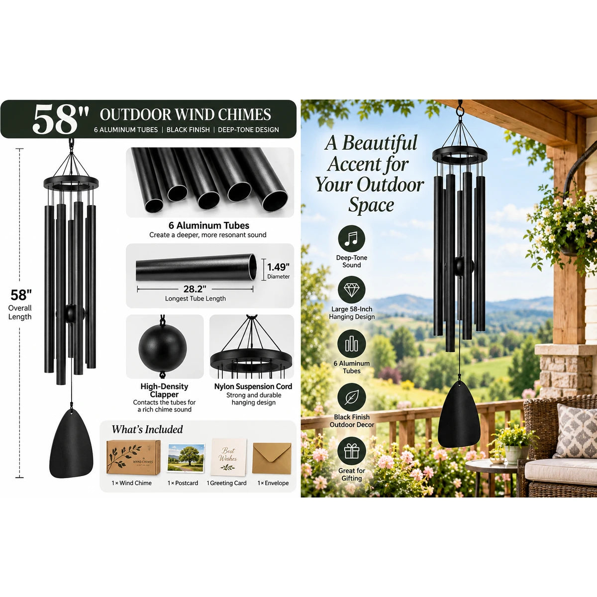Gfiltershop Wind Chimes for Outside, 58 Inch, Black, 6 Aluminum Tubes
