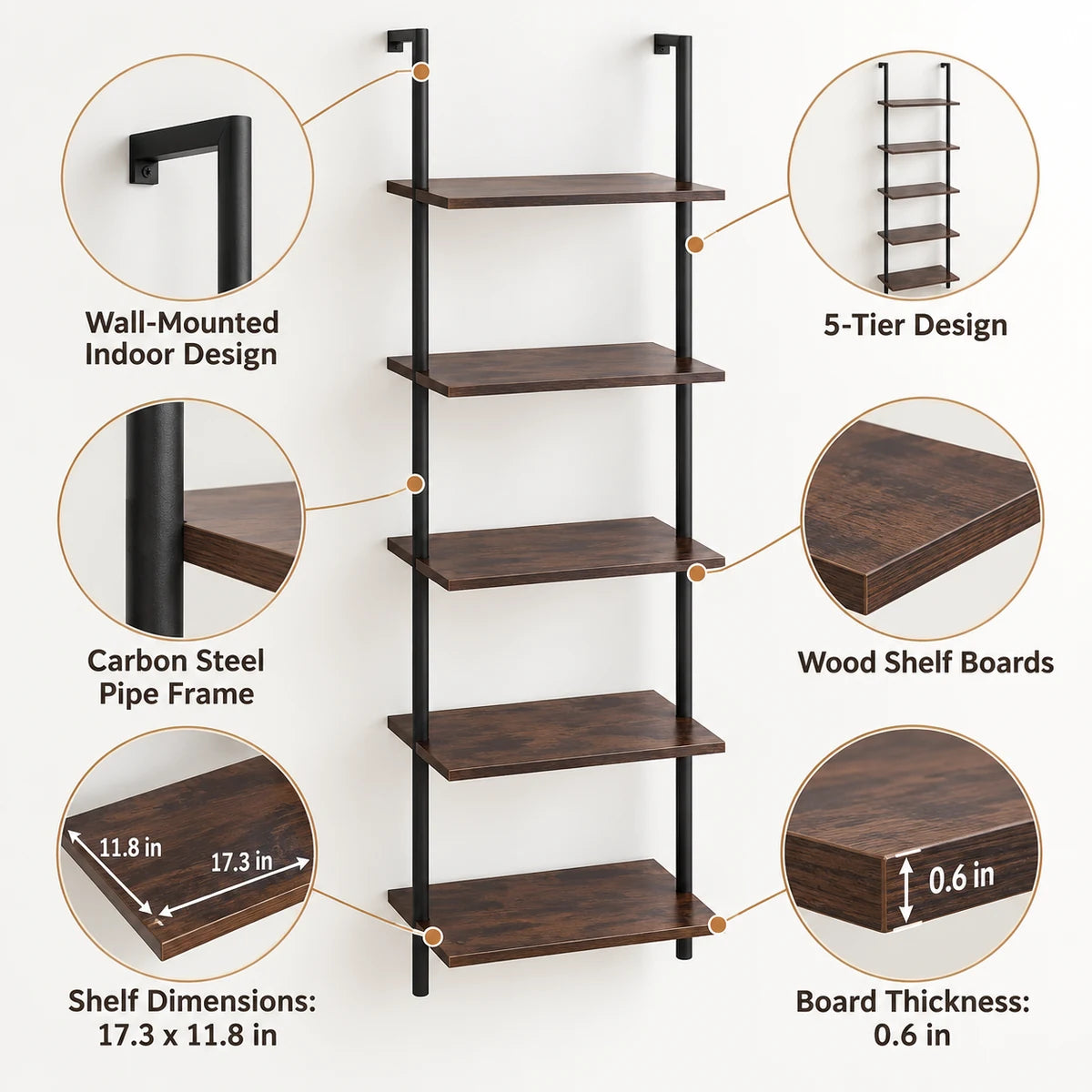 Gfiltershop Industrial Pipe Wall Shelves, 5-Tier, Carbon Steel