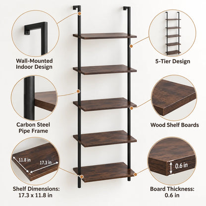 Gfiltershop Industrial Pipe Wall Shelves, 5-Tier, Carbon Steel