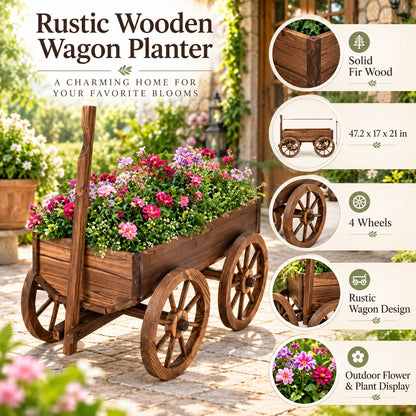 Gfiltershop Wooden Wagon Planter with Wheels, 47.2 Inch, Fir Wood