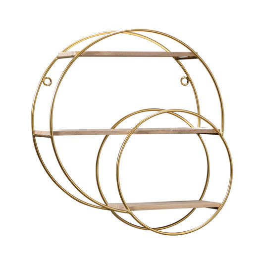 Gold circular shelf with wooden shelves on a white background