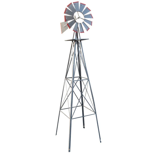 Metal windmill with a red, white, and blue design on a white background
