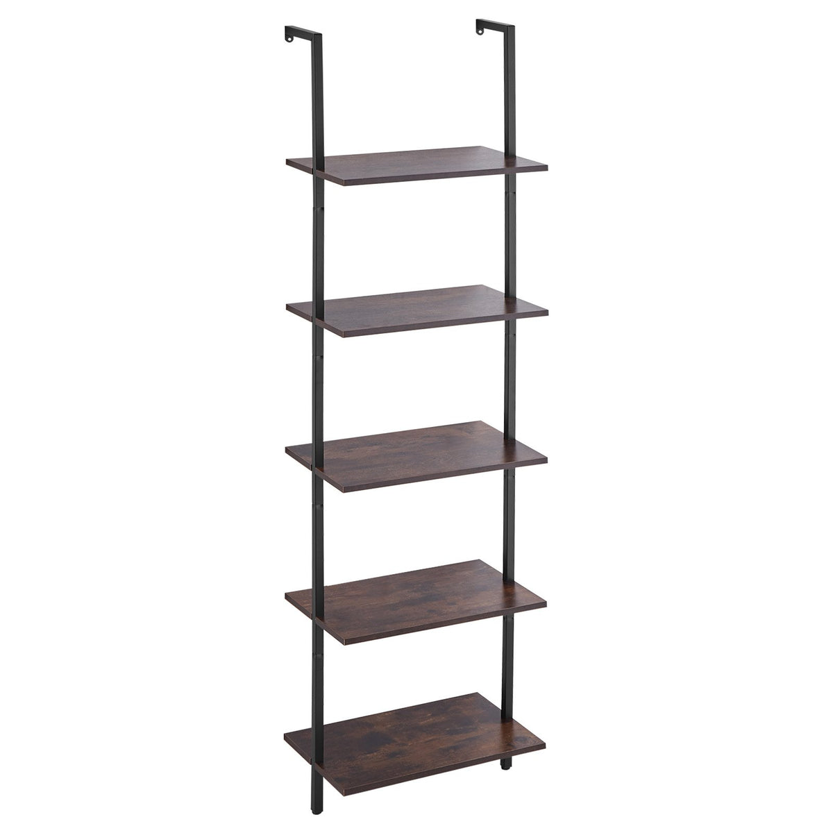 A 5-tier open-back wall shelf with dark brown wood-look shelves and a black metal frame, shown against a plain white background.