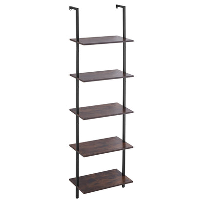 A 5-tier open-back wall shelf with dark brown wood-look shelves and a black metal frame, shown against a plain white background.