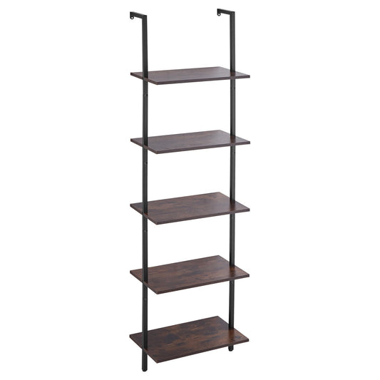 A 5-tier open-back wall shelf with dark brown wood-look shelves and a black metal frame, shown against a plain white background.