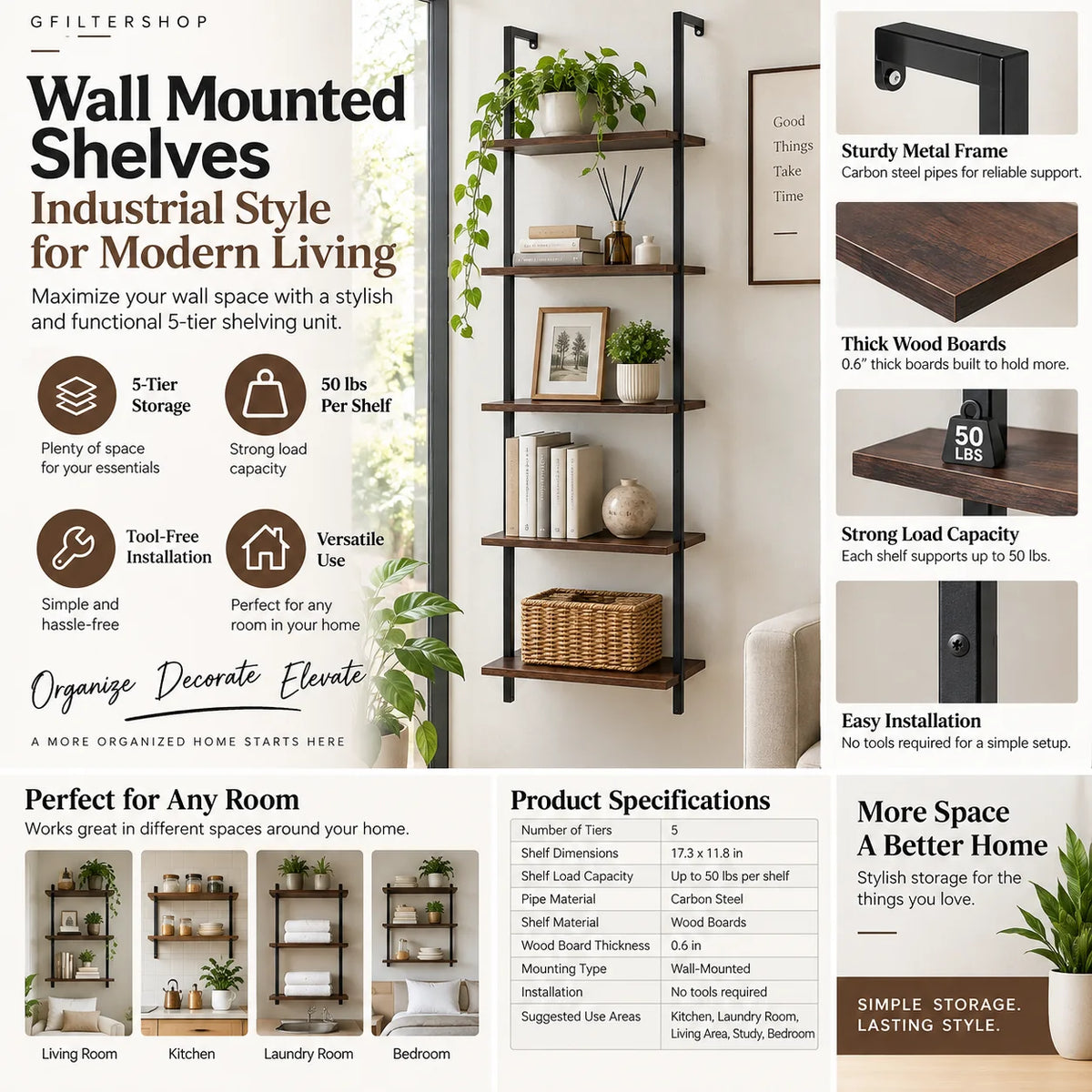 A promotional infographic for a wall-mounted industrial shelving unit by Giltershop, showing the shelf installed in a living room setting with plants and decor, alongside feature callouts, product specs, and installation benefits.
