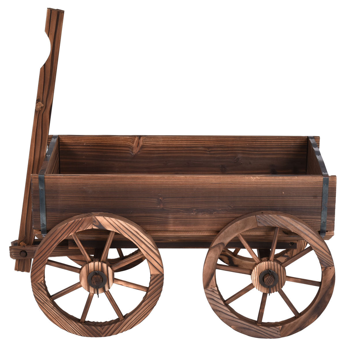 Wooden cart with large wheels on a white background