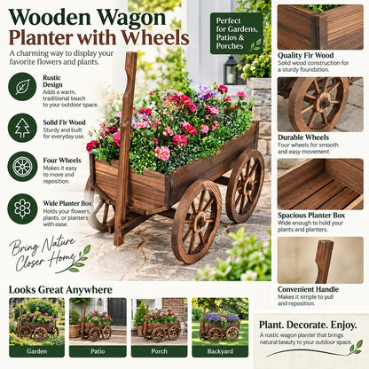 A wooden wagon planter with wheels shown outdoors on a stone patio, filled with colorful flowers. The image includes feature callouts and text panels describing the product's rustic design, solid fir wood construction, durable wheels, spacious planter box, and suitability for gardens, patios, and porches.